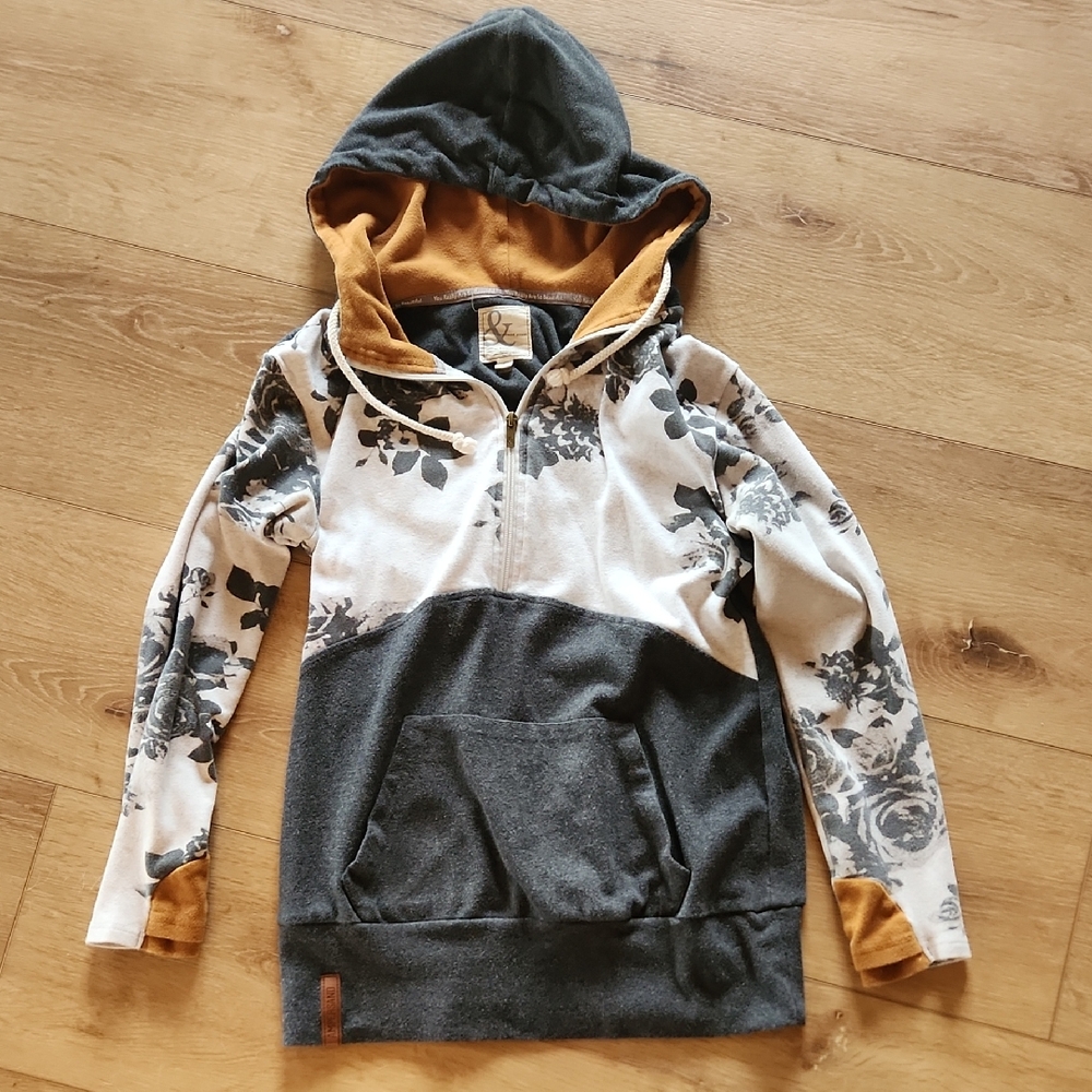 AMPERSAND AVE Gray and Mustard Floral HalfZip Midnight Floral Hoodie Sweatshirt